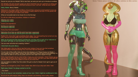 anthro armwear black_bottomwear black_clothing black_topwear boots bottomwear caption clothed clothing dialogue duo elbow_gloves female first_person_view footwear gloves green_boots green_bottomwear green_clothing green_footwear green_topwear handwear high_heeled_boots high_heels legwear memory_loss mind_control pink_boots pink_clothing pink_footwear pink_gloves pink_handwear shoes standing tail text thigh_boots thigh_highs topwear thalarynth petruz_(modeler) becca_(thalarynth) cobra_(petruz) kathy_(thalarynth) cobra reptile scalie snake 16:9 2022 3d_(artwork) digital_media_(artwork) english_text hi_res widescreen