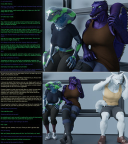 anthro black_bottomwear black_clothing black_footwear black_shoes black_topwear blue_eyes bottomwear brown_clothing brown_footwear brown_shoes brown_topwear bus_stop caption clothed clothed_anthro clothed_female clothed_male clothing crossed_legs dialogue electronics female footwear group hand_on_head holding_object holding_phone holding_tail male mind_control page_number phone phone_call pupils purple_body shoes sitting slit_pupils tail text topwear trio thalarynth petruz_(modeler) bethany_(thalarynth) cobra_(petruz) crocodile_(petruz) kathy_(thalarynth) keith_(thalarynth) wolf_(petruz) canid canine canis cobra crocodile crocodilian mammal reptile scalie snake wolf 2023 3d_(artwork) digital_media_(artwork) english_text hi_res