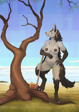 3_toes 4_fingers anthro anthrofied areola axe big_breasts black_body black_fur black_hair black_nipples breasts casual_nudity claws ear_piercing feather_ear_ring feathers feet female finger_claws fingers fur genitals grey_areola grey_body grey_fur grey_nipples hair hindpaw humanoid_hands jewelry mature_anthro mature_female melee_weapon multicolored_body multicolored_fur nature necklace necklace_only nipples nude outdoor_nudity outside paws piercing pink_nose plains plant pokemorph rock solo standing toe_claws toes tree tribal two_tone_body two_tone_fur vulva weapon harmaagriffin nintendo pokemon generation_3_pokemon mightyena pokemon_(species) 2022 colored digital_media_(artwork) hi_res
