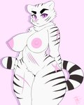 anthro areola big_breasts blush breasts clothing crotch_tuft curvy_figure erect_nipples eyelashes fangs female fur genitals leucistic looking_at_viewer navel nipples nude pink_background pink_nose pink_sclera pubes purple_eyes pussy scar shirt_up simple_background solo stripes teeth thick_thighs tuft underwear voluptuous white_body white_fur wide_hips blazethefox penny_(blazethefox) felid mammal pantherine tiger 2020 absurd_res hi_res signature