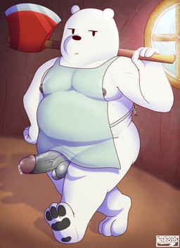 anthro apron axe balls big_penis bodily_fluids clothing erection genital_fluids genitals glans looking_at_viewer male nipples penis precum slightly_chubby slightly_chubby_male solo vein veiny_penis weapon white_body murderdroid_(artist) cartoon_network we_bare_bears ice_bear_(we_bare_bears) bear mammal 2024 absurd_res hi_res