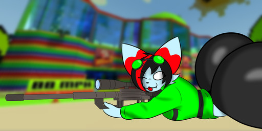 :3 anthro big_butt bottom_heavy butt clothing eyewear eyewear_on_head female goggles goggles_on_head green_clothing green_jacket green_topwear gun huge_butt jacket looking_at_viewer lying on_front ranged_weapon rifle sniper_rifle solo topwear weapon xionthedog pursuitcore roblox mikaela_(pursuitcore) domestic_cat felid feline felis lolcat_(species) mammal absurd_res hi_res