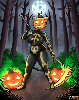 anthro big_breasts breasts cloud female fog food for_a_head forest fruit glowing glowing_eyes hairless holding_object holding_weapon holidays jack-o'-lantern light melee_weapon moon moonlight nipple_outline path plant polearm pose pumpkin pumpkin_head scythe shrub slightly_chubby solo tail thick_thighs tree weapon wide_hips onyxmeow epic_games fortnite halloween spice_(fortnite) domestic_cat felid feline felis mammal object_head absurd_res hi_res