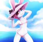 anthro beach bikini biped blue_eyes clothed clothed_anthro clothed_female clothing day female female_anthro fingers flat_chested hat headgear headwear heterochromia looking_at_viewer pink_clothing pink_eyes pink_hat pink_headwear pink_inner_ear pink_nose seaside smile solo swimwear tail two-piece_swimsuit white_body darkmirage delve_into_pawssion yuki_(darkmirage) lagomorph leporid mammal rabbit hi_res portrait three-quarter_portrait