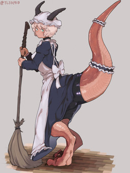 barefoot blonde_hair broom cleaning_tool clothed clothed_taur clothing feet female hair holding_broom holding_cleaning_tool holding_object horn maid_uniform short_hair solo split_form taur_clothing uniform tlto1910 mythology dragon dragon_taur mythological_creature mythological_scalie scalie taur absurd_res hi_res signature