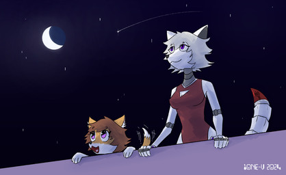 age_difference alternate_form anthro breasts brown_hair calm clean_lineart cleavage cleavage_cutout clothed clothing content crescent_moon cutout dress duality duo female fur grey_hair hair happy larger_female leaning ledge looking_up machine moon night orange_body orange_fur outside purple_eyes shooting_star simple_background size_difference sleeveless_clothing slim smaller_female smile star tall_female white_body 10ne-v alexa_(10ne-v) canid canine fox living_machine mammal robot colored hi_res multiple_versions