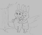 2022 absurd_res alec8ter anthro bonnie_hopps clothing conditional_dnp disney duo ears_up eyes_closed female hand_on_arm hat headgear headwear hi_res lagomorph leporid male mammal married_couple monochrome overalls plant rabbit smile stu_hopps tree walking zootopia