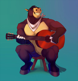 acoustic_guitar anthro biped black_hair black_hooves blue_background blue_eyes brown_body brown_ears brown_fur crotch_tuft dark_body dark_fur fur gloves_(marking) gradient_background grin guitar hair half-closed_eyes holding_guitar holding_musical_instrument holding_object hooves kerchief kerchief_only male markings mostly_nude muscular muscular_anthro muscular_male musical_instrument narrowed_eyes neckerchief neckerchief_only neckwear playing_guitar playing_music plucked_string_instrument short_hair simple_background sitting smile solo string_instrument tan_body tan_chest tan_fur tan_inner_ear tuft white_body white_fingers white_fur white_kerchief white_neckerchief ninetht equid equine horse mammal digital_media_(artwork)