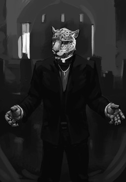 anthro biped clothed clothing cross front_view fully_clothed male priest solo suit lengry moreau_series father_collor felid jaguar mammal pantherine digital_media_(artwork) digital_painting_(artwork) greyscale hi_res monochrome painting_(artwork) portrait three-quarter_portrait
