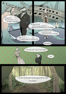 anthro beard clothing dialogue facial_hair forest group male plant speech_bubble split_form suit text tree water dakr0819 aquatic avian badger humanoid mammal merfolk mustelid musteline absurd_res comic english_text hi_res