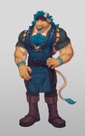 accessory anthro apron arm_tattoo armwear beard biceps big_hands big_muscles blue_hair boots character_art chest_window clothing detached_sleeves facial_hair fantasy_clothing footwear hair hand_on_hip headband legwear male muscular pecs shoes smile solo tail tattoo ronci arcane_shop sonif_(arcane_shop) bovid bovine cattle mammal hi_res
