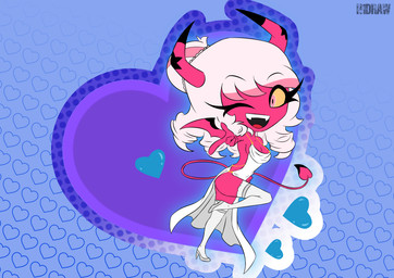 2_horns abstract_background breasts chibi cleavage clothed clothing cocktail_dress dress eyebrow_through_hair eyebrows eyelashes female footwear hair high_heels horn legwear long_hair looking_at_viewer medium_breasts membrane_(anatomy) membranous_wings not_furry one_eye_closed open_mouth open_smile pink_body pink_eyes pink_skin shoes side_slit side_slit_dress slit_dress smile solo spade_tail stockings tail teeth thigh_highs translucent translucent_hair white_clothing white_dress white_hair white_legwear white_stockings white_thigh_highs wings wink winking_at_viewer yellow_sclera h1draw hellaverse helluva_boss verosika_mayday demon humanoid succubus 2026 absurd_res hi_res