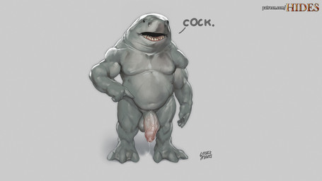 4_fingers anthro balls big_balls big_penis bodily_fluids fingers flaccid foreskin genital_fluids genitals gesture grey_background grey_body grey_skin hand_gesture humanoid_genitalia humanoid_penis male musclegut muscular muscular_male penis pointing pointing_at_penis precum simple_background solo text vein veiny_penis laser_(artist) dc_comics king_shark aquatic fish shark 16:9 2021 english_text hi_res widescreen