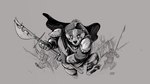 5_fingers anthro armor biped clothed clothing fingers group humanoid_hands male weapon sophiecabra redwall badger hare lagomorph leporid mammal mustelid musteline 2025 hi_res