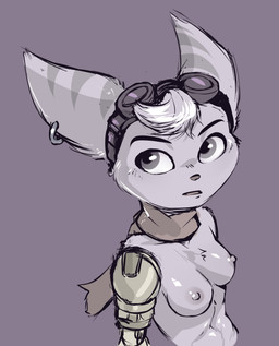 anthro areola big_ears breasts clothed clothing cybernetic_arm cybernetic_limb ear_piercing ear_ring eyewear eyewear_on_head female glistening glistening_areola glistening_breasts glistening_nipples goggles goggles_on_head head_tuft muted_colors navel nipples piercing prosthetic prosthetic_arm prosthetic_limb ring_piercing robotic_arm scarf solo striped_ears topless tuft jonas-puppeh ratchet_and_clank sony_corporation sony_interactive_entertainment rivet_(ratchet_and_clank) lombax mammal colored_sketch hi_res sketch