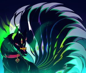 3_eyes black_body black_fur collar corruption evil_face eyewear feral fur glasses male multi_eye multi_tail multicolored_tail possession quadruped red_eyes solo tail randomartmine asian_mythology east_asian_mythology mystery_skulls mythology murder_mystery_(mystery_skulls) mystery_(mystery_skulls) canid canine fox fox_spirit mammal digital_media_(artwork) hi_res
