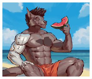 5_fingers abs anthro biceps biped blue_sky border bottomwear brown_body brown_fur brown_hair claws closed_smile clothed clothed_anthro clothed_male clothing cloud cybernetic_arm cybernetic_limb day eyes_closed finger_claws fingers food front_view fruit fur hair hand_on_knee hand_on_leg hand_on_own_knee hand_on_own_leg holding_food holding_fruit holding_melon holding_object holding_watermelon male melon monotone_body monotone_fur mouth_closed muscular muscular_anthro muscular_male orange_bottomwear orange_clothing orange_shorts outside overbite pecs plant sand shorts shorts_only sky smile snout solo tail topless topless_anthro topless_male water watermelon watermelon_slice white_border kingarthur_i wholefire canid mammal 2023 digital_drawing_(artwork) digital_media_(artwork) hi_res portrait three-quarter_portrait