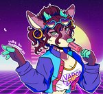 80's_attire 80's_theme anthro breasts clothing ear_piercing ear_ring eyewear female food funk future green_eyes horn jacket piercing popsicle ring_piercing shirt solo sucking sunglasses synthwave t-shirt topwear torn_clothing moonmochi bluewine deer mammal low_res