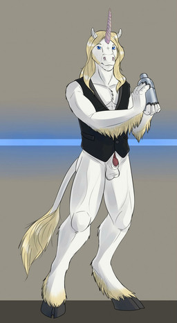 abstract_background animal_genitalia anthro athletic athletic_anthro athletic_male balls bartender black_clothing black_topwear black_vest blonde_hair blue_eyes bottomless clothed clothing front_view fur genitals glistening glistening_eyes hair horn long_hair looking_at_viewer male male_anthro mouth_closed penis penis_tip pink_horn red_penis sheath solo standing tail tail_tuft topwear tuft vest white_balls white_body white_fur white_sheath hufnaar mythology equid equine mammal mythological_creature mythological_equine unicorn full-length_portrait hi_res portrait