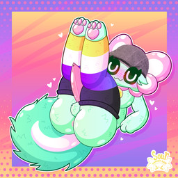 ambiguous_gender anthro anus axolotl_tail balls big_butt blep blush blush_lines breasts bubble_butt butt cloacal_penis clothing collar collar_tag digitigrade eyelashes feet_up female fluffy fluffy_balls fluffy_tail fur genitals gills glistening green_body green_fur heart_symbol leg_warmers legs_up legwear lgbt_pride nonbinary_pride_colors one_eye_closed pawpads paws penis pink_collar pink_gills pink_pawpads pink_paws presenting presenting_hindquarters pride_colors solo suggestive suggestive_pose tail thigh_highs tongue tongue_out uwu vibrant_background pixltheaxolotl lgbt_pride_month pixl_(pixltheaxolotl) amphibian aquatic axolotl felid feline mammal mole_salamander salamander absurd_res hi_res signature nonbinary_(lore)