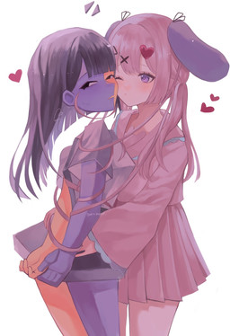 anime_style asian_clothing asymmetrical_hair bangs black_eyes black_hair blue_body blunt_bangs bottomwear breasts canon_x_oc clothed clothing duo east_asian_clothing eyebrows female female/female floating_head hair heart_symbol hug japanese_clothing japanese_school_uniform multicolored_body not_furry pink_hair questionable_consent school_uniform serafuku simple_background topwear two_tone_body uniform yellow_body usagimarumei ena_(series) ena_(web_series) ena_(joel_g) mezo_(usagimarumei) animal_humanoid ena_(species) humanoid lagomorph lagomorph_humanoid leporid_humanoid mammal mammal_humanoid rabbit_humanoid digital_media_(artwork) hi_res