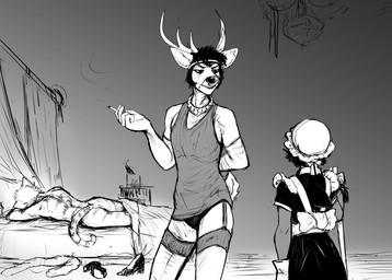 anthro antlers bed bedroom butt cigarette clothed clothing crossdressing dress female femboy fur furniture garter_straps gem group horn jewelry maid_uniform male necklace nude on_bed panties pearl_(gem) pearl_necklace smoking striped_body striped_fur stripes trio underwear uniform hladilnik deer_admiral_(hladilnik) lonely_shark_(hladilnik) ship's_catboy_(hladilnik) aquatic deer domestic_cat felid feline felis fish mammal shark 2023 greyscale hi_res monochrome sketch