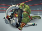anthro ass_up bulge bulge_grab clothing dominant duo fighting_ring fingerless_gloves gloves handwear looking_at_another male male/male mask muscular muscular_anthro muscular_male sitting sports_mask sportswear wrestling wrestling_briefs wrestling_mask horrorbuns devin_(derpybro) kallan_hayes_(derpybro) dinosaur lizard prehistoric_species reptile scalie 2024