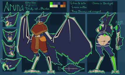 anthro ara_ara bat_wings blue_body blue_feathers blue_fur bone butt claws clothing feathers female fur green_eyes green_mouth membrane_(anatomy) membranous_wings mutton night paws relaxed_expression scales simple_background smile smiling_at_viewer smirk smirking_at_viewer solo tail tan_body tan_scales text tongue tongue_out wingarms wings wings_instead_of_hands trueblue3d microsoft minecraft mojang xbox_game_studios aruna_the_phantom phantom_(minecraft) undead 5:3 english_text hi_res model_sheet