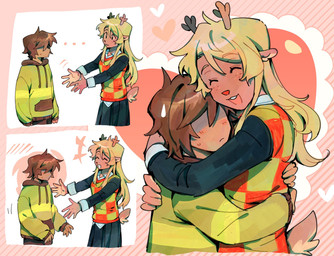 anthro blonde_hair brown_body brown_fur clothing duo female freckles fur green_clothing green_shirt green_topwear hair hug male shirt topwear goomyloid deltarune undertale_(series) kris_dreemurr noelle_holiday deer human mammal new_world_deer reindeer 2025 hi_res nonbinary_(lore)