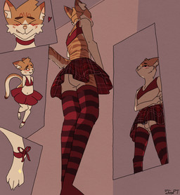 ankle_band anthro balls barred_chastity_cage blush bottomwear bow_ribbon bra butt casual_chastity chastity_cage chastity_device chibi clothed clothing collar crossdressing feet femboy genitals happy heart_symbol legwear looking_at_mirror looking_at_object low-angle_view male markings metal_chastity_cage mirror mirror_reflection pattern_bottomwear pattern_clothing pattern_legwear pattern_skirt penis plaid plaid_bottomwear plaid_clothing plaid_skirt reflection shy skirt smile solo sparkles stockings striped_clothing striped_legwear striped_markings stripes tail thigh_highs underwear upskirt wearing_chastity_cage wearing_chastity_device foxpt domestic_cat felid feline felis mammal hi_res