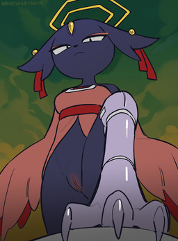 anthro avian_feet black_eyes black_nose bottomless breasts clothed clothing ear_piercing eyeshadow female floppy_ears forehead_gem fur gem genitals green_background halo long_sleeves looking_at_viewer lop_ears makeup piercing pink_clothing pink_eyeshadow pink_topwear prosthetic prosthetic_leg prosthetic_limb pupils purple_body purple_fur simple_background slit_pupils small_breasts solo thick_thighs topwear vulva wide_hips kaltespur nine_sols red_candle_games goumang_(nine_sols) felid feline mammal solarian hi_res