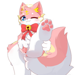 anthro anus bodily_fluids bow_accessory female feral front_view fur genitals halo humanoid_genitalia humanoid_genitalia_on_feral humanoid_vulva kemono one_eye_closed pawpads paws pink_body pink_fur presenting presenting_vulva simple_background smile solo spread_legs spread_vulva spreading vulva white_background white_body white_fur neisawa canid canine fox mammal 1:1 hi_res