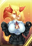 abstract_background absurd_res anthro big_breasts black_clothing black_jacket black_topwear blonde_hair blue_clothing blue_shirt blue_topwear braixen breasts clothed clothing collared_shirt dress_shirt fan_character female generation_6_pokemon hair hi_res inner_ear_fluff jacket june_(ballad) long_sleeves mostly_unzipped nintendo okidouchie pokemon pokemon_(species) red_inner_ear_fluff red_ribbon red_tail shirt solo tail topwear tuft unzipped_jacket yellow_tail