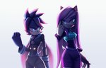 anthro blue_eyes bottomwear bracelet clothing duo female gloves hand_on_cheek handwear jacket jewelry pants pink_body purple_body shirt skirt spiked_bracelet spikes topwear speendlexmk2 sega sonic_the_hedgehog_(series) fan_character speen_(character) alien absurd_res hi_res