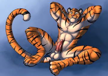 anthro athletic athletic_anthro athletic_male balls brown_pubes ear_piercing erection front_view fur gauged_ear genitals glistening glistening_eyes green_eyes hands_behind_head looking_at_viewer male male_anthro markings mouth_closed orange_body orange_fur penis piercing pink_nose pubes red_penis solo striped_arms striped_legs striped_markings striped_tail stripes tail tail_markings whiskers white_balls white_body white_fur hufnaar kato_(light_sanrei) felid mammal pantherine tiger absurd_res hi_res