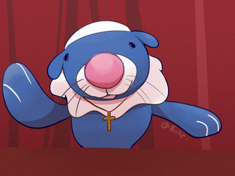 abstract_background ambiguous_gender big_nose cross cross_necklace derp_eyes feral flippers frill_(anatomy) front_view jewelry looking_at_viewer neck_frill necklace pink_nose pope raised_hand red_background red_sclera simple_background solo text whiskers boke_(artist) nintendo pokemon aquatic generation_7_pokemon mammal pinniped pokemon_(species) popplio seal 2025 4:3 artist_name digital_media_(artwork) half-length_portrait portrait