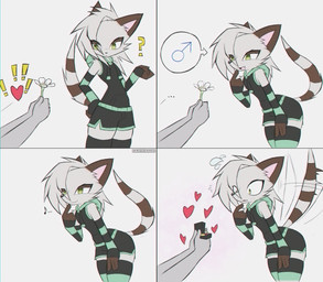 anthro bodily_fluids bottomwear clothing digit_ring duo ellipsis exclamation_point femboy flower heart_symbol jewelry male plant question_mark ring shorts sweat sweatdrop wedding_ring daxterado canid canine human mammal 2023 comic digital_media_(artwork) hi_res source_request