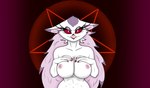 anthro avian beak big_breasts breasts demon feathers female helluva_boss hi_res madkrayzydave_(artist) mature_female nipples nude occult_symbol pentagram pink_body pink_feathers red_eyes simple_background smile solo stella_(helluva_boss) symbol white_body white_feathers