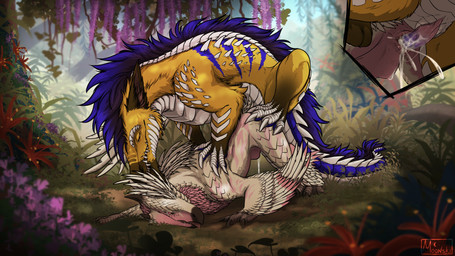 animal_genitalia black_claws blue_body blue_fur blue_mane bodily_fluids brown_body brown_fur claws cloaca cloacal cloacal_penetration cum cum_in_cloaca cum_inside duo ejaculation erection female female_penetrated feral feral_on_feral feral_penetrated feral_penetrating feral_penetrating_feral finger_claws fur genital_fluids genital_slit genitals male male/female male_penetrating male_penetrating_female mane penetration penis pink_penis sex sharp_teeth teeth toe_claws white_claws yellow_body yellow_fur moonski capcom monster_hunter mythology desta alligator alligatorid bird_wyvern crocodilian furred_scalie hybrid hyena mammal mythological_creature mythological_scalie reptile scalie seikret 16:9 hi_res shaded widescreen