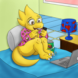 anthro bed bottomless breasts brown_eyes butt chips_(food) clothed clothing computer electronics eyewear female food furniture furniture_lamp glasses laptop pajama_shirt pajamas pillow potato_chips smile solo tail themed_clothing jerichoblt apple_inc. apple_macintosh lay's macbook mario_bros nintendo undertale undertale_(series) alphys lizard reptile scalie 1:1 digital_media_(artwork) hi_res