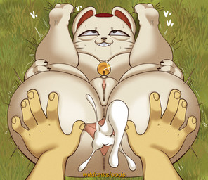 after_anal after_sex animal_ears anthro big_butt biped bodily_fluids breasts butt claws cum cum_in_ass cum_inside detailed_background female finger_claws fingers genital_fluids genitals grass huge_butt leaking_cum legs_back lying on_back outside plant pupils text thick_thighs vulva white_body witdrawsloods dandadan turbo_granny_(dandadan) domestic_cat felid feline felis mammal hi_res