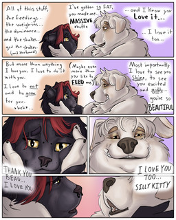 anthro black_body black_fur bodily_fluids duo ear_piercing facial_piercing feederism fur highlights_(coloring) holding_face holding_partner male nose_piercing obese obese_male overweight overweight_male piercing romantic size_difference smile smiling_at_another smiling_at_partner tears text weight_difference yellow_eyes rowan_bou beau_(rowan_bou) lukas_(rowan_bou) canid canine canis domestic_cat domestic_dog felid feline felis great_pyrenees livestock_guardian_dog mammal molosser mountain_dog pastoral_dog comic english_text hi_res