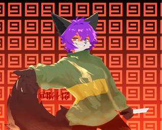 5_fingers alternate_species anthro band-aid bandage bandage_on_face blue_nose bottomwear clothed clothing cosplay fingers fluffy fluffy_tail front_view fully_clothed fur furrification green_clothing green_sweater green_topwear grin hair holding_knife holding_object holding_weapon knife looking_at_viewer male male_anthro multicolored_body multicolored_clothing multicolored_fur orange_body orange_fur pants pattern_background pattern_clothing pose purple_hair red_background red_bottomwear red_clothing red_eyes red_pants shirt short_hair simple_background smile smiling_at_viewer smirk solo standing striped_clothing stripes sweater tail teeth topwear weapon white_body white_fur yellow_clothing k441z undertale undertale_(series) canid canine fox mammal digital_media_(artwork) hi_res portrait