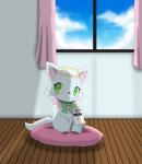 :3 beverage blue_body blue_fur blush cloud cushion drinking drinking_straw eyelashes female feral frilly fur glass green_eyes looking_at_viewer nude pink_body pink_fur sitting sky solo text window winick-lim jewelpet sanrio sega sega_fave milky_(jewelpet) canid canine canis chihuahua domestic_dog mammal toy_dog