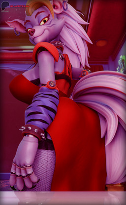 anthro clothing dress female fishnet_clothing fishnet_legwear hair legwear looking_at_viewer machine neckwear red_clothing red_dress solo tail yellow_eyes blackterio mayosplash_(modeler) five_nights_at_freddy's five_nights_at_freddy's:_security_breach scottgames steel_wool_studios roxanne_wolf animatronic canid canine canis mammal robot wolf 2026 3d_(artwork) alternate_version_at_paywall alternate_version_at_source blender_(artwork) blender_cycles_(artwork) digital_media_(artwork) hi_res