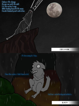 after_transformation ambiguous_gender awoo bodily_fluids cave clenched_teeth feral full_moon fur grey_body grey_fur howl inner_monologue moon night nude plant quadruped raining reality_ensues self_hug sharp_teeth shrub sitting solo tears teeth text text_box thinking znzirvana expectation_vs_reality canid canine canis mammal wolf comic english_text hi_res