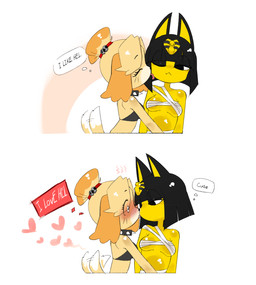 alternate_color alternate_costume anthro backless_clothing blush breasts cheek_lick clothing collar crop_top duo egyptian egyptian_clothing egyptian_headdress face_lick female female/female heart_symbol licking mostly_nude one_eye_closed shirt simple_background skull_accessory spiked_collar spikes tail tail_motion tailwag thought_bubble tongue topwear white_background wraps q_qringo animal_crossing nintendo ankha_(animal_crossing) isabelle_(animal_crossing) canid canine canis domestic_cat domestic_dog felid feline felis mammal shih_tzu toy_dog hi_res