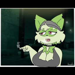 >_< anthro anthrofied big_breasts black_clothing black_shirt black_topwear breasts cigarette cleavage clothed clothing cough eyelashes eyes_closed fangs female fur green_body green_fur holding_cigarette holding_object open_mouth photo_background pokemorph red_eyes shirt smoke smoking solo teeth topwear torn_clothing jhenightfox nintendo pokemon generation_9_pokemon pokemon_(species) sprigatito 1:1 2022 2d_animation animated english_audio frame_by_frame mixed_media photography_(artwork) short_playtime sound video