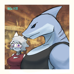 anthro big_muscles big_pecs black_sclera blue_eyes blush blush_lines breasts cleavage cleavage_cutout clothed clothed_female clothed_male clothing cutout dress duo female fin grey_hair hair larger_male machine male male/female mesmerized muscular muscular_male o_o pecs purple_eyes size_difference smaller_female white_body 10ne-v girl_staring_at_man's_chest alexa_(10ne-v) aquatic canid canine carpet_shark fish fox ginglymostomatid living_machine mammal nurse_shark robot shark 1:1 hi_res meme