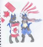 anthro black_body black_fur blue_body blue_fur canada canadian_flag duo female fur male maple_leaf silly united_states_of_america yellow_body yellow_fur iceeat nintendo pokemon canid canine generation_4_pokemon lucario mammal pokemon_(species) absurd_res hi_res traditional_media_(artwork)